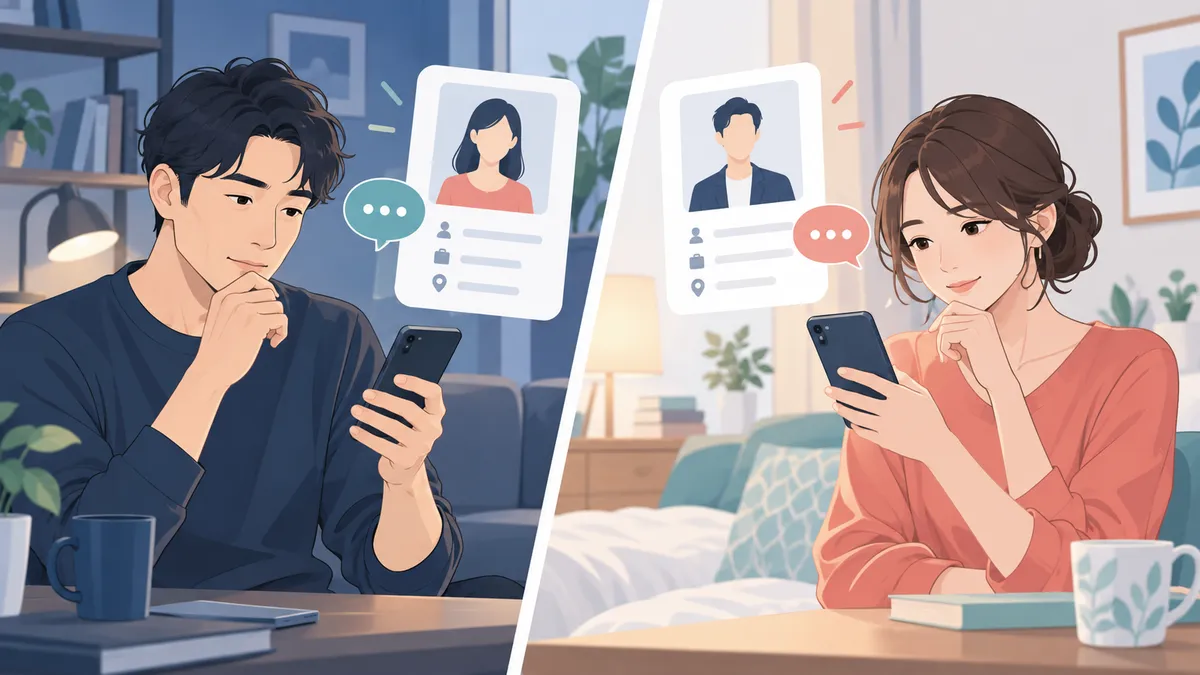 プロフィールとメッセージを確認する男女